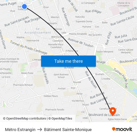 Métro Estrangin to Bâtiment Sainte-Monique map