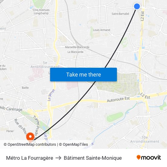 Métro La Fourragère to Bâtiment Sainte-Monique map