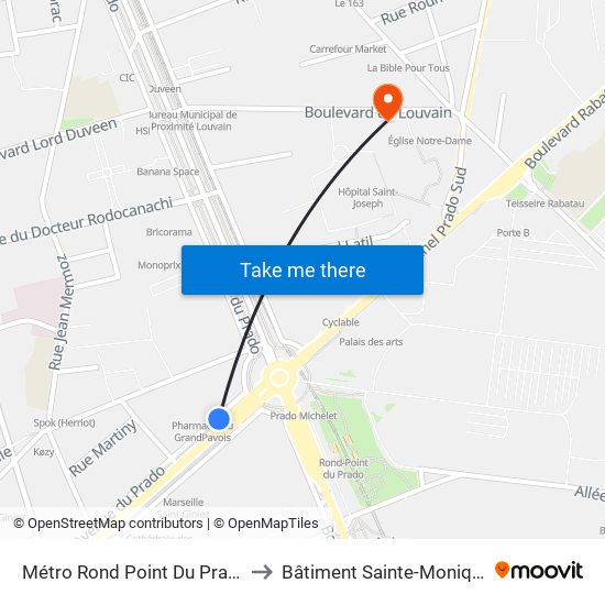 Métro Rond Point Du Prado to Bâtiment Sainte-Monique map