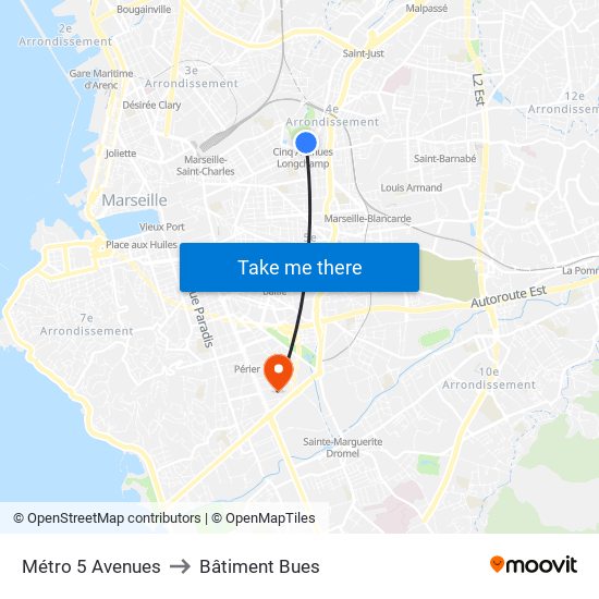 Métro 5 Avenues to Bâtiment Bues map