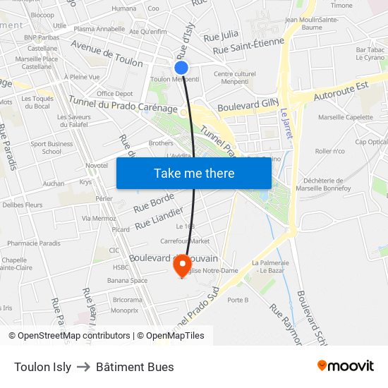 Toulon Isly to Bâtiment Bues map