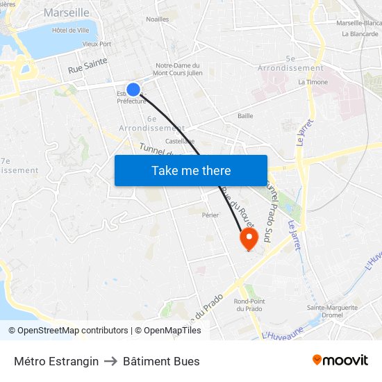 Métro Estrangin to Bâtiment Bues map