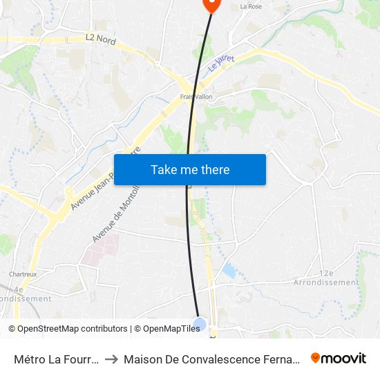 Métro La Fourragère to Maison De Convalescence Fernande Berger map
