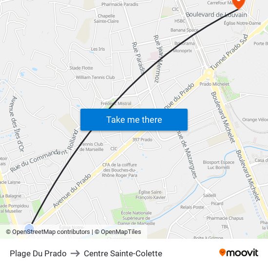 Plage Du Prado to Centre Sainte-Colette map