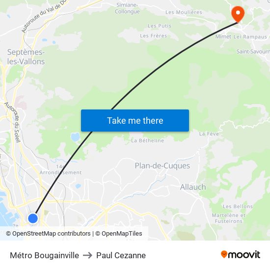 Métro Bougainville to Paul Cezanne map