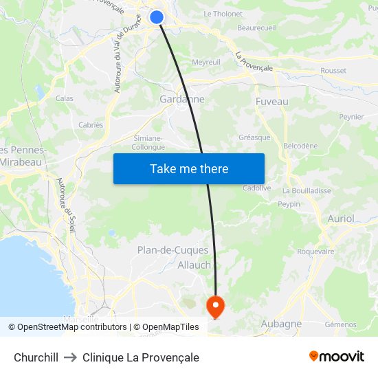 Churchill to Clinique La Provençale map