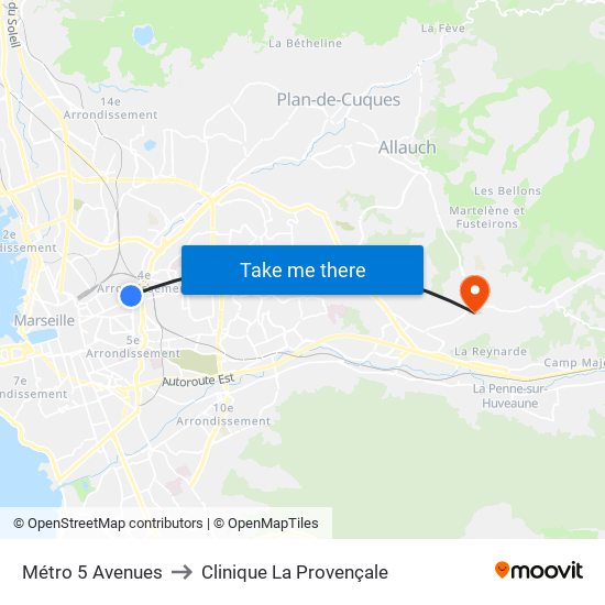 Métro 5 Avenues to Clinique La Provençale map
