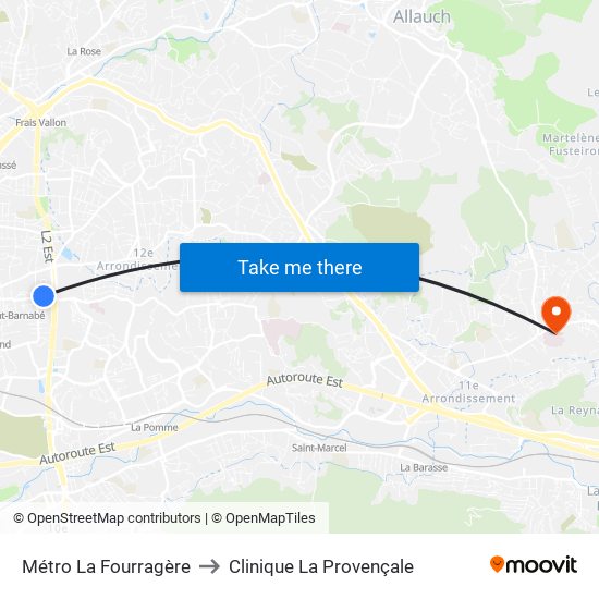 Métro La Fourragère to Clinique La Provençale map