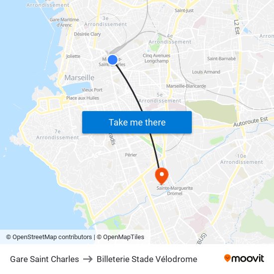 Gare Saint Charles to Billeterie Stade Vélodrome map