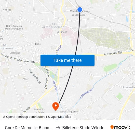 Gare De Marseille-Blancarde to Billeterie Stade Vélodrome map