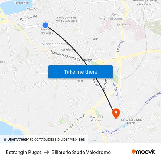 Estrangin Puget to Billeterie Stade Vélodrome map