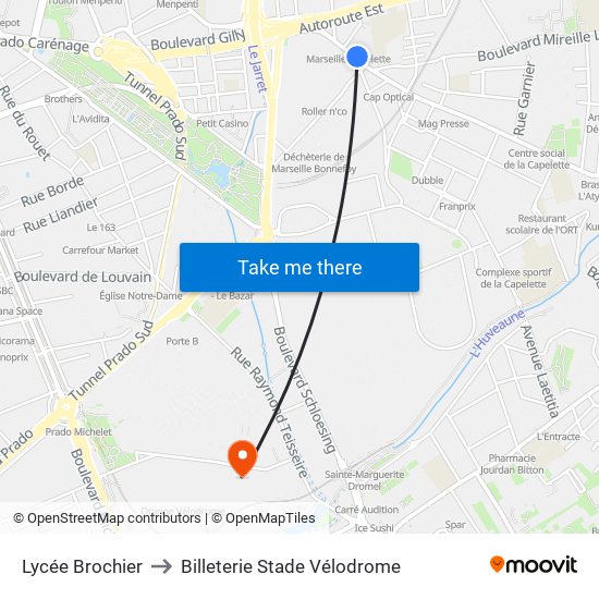 Lycée Brochier to Billeterie Stade Vélodrome map