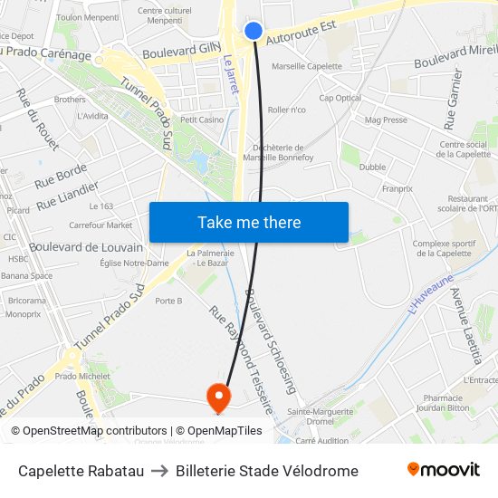 Capelette Rabatau to Billeterie Stade Vélodrome map