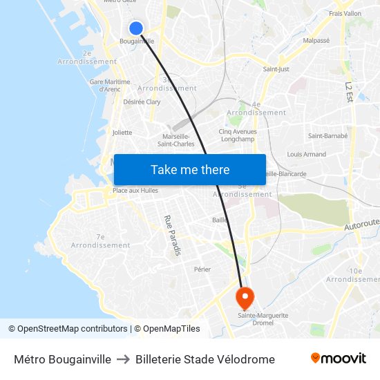 Métro Bougainville to Billeterie Stade Vélodrome map