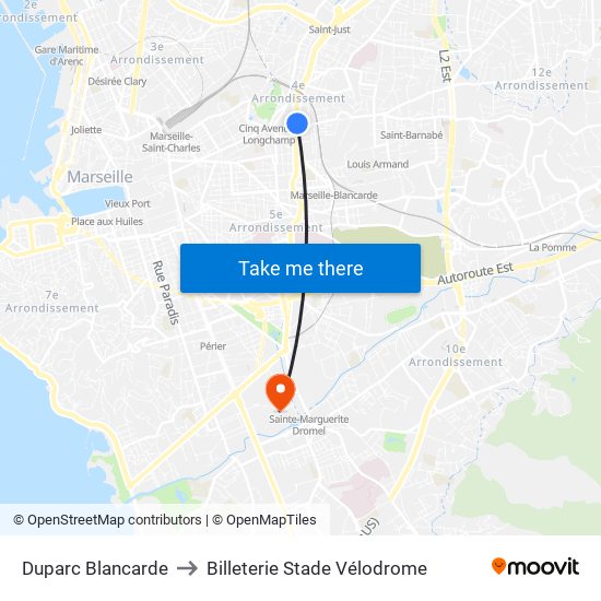 Duparc Blancarde to Billeterie Stade Vélodrome map