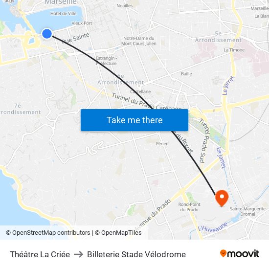 Théâtre La Criée to Billeterie Stade Vélodrome map