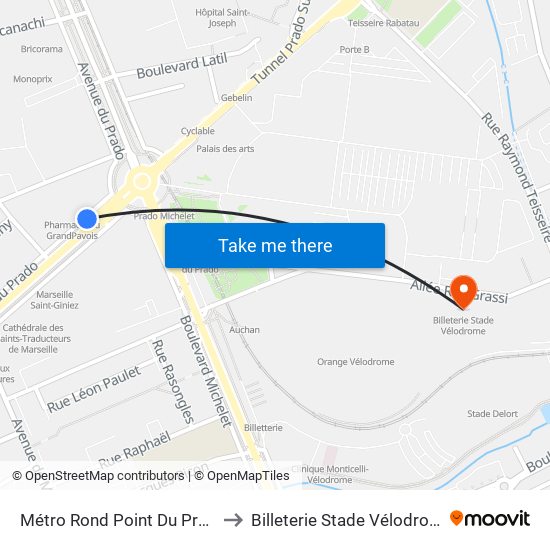 Métro Rond Point Du Prado to Billeterie Stade Vélodrome map