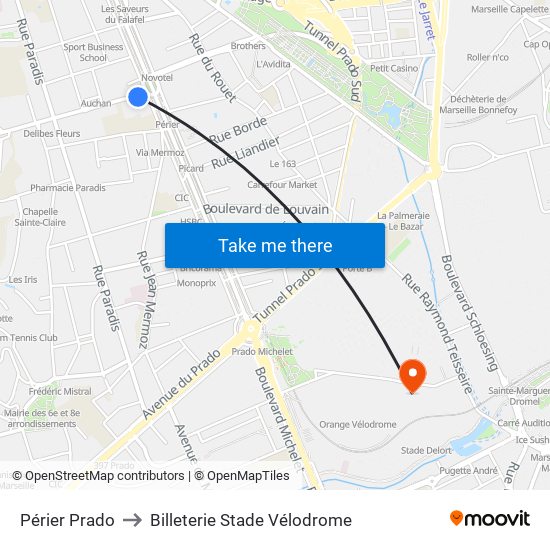 Périer Prado to Billeterie Stade Vélodrome map