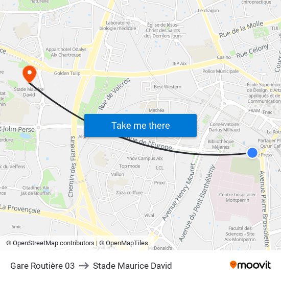 Gare Routière 03 to Stade Maurice David map