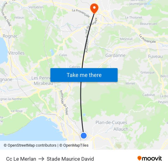 Cc Le Merlan to Stade Maurice David map