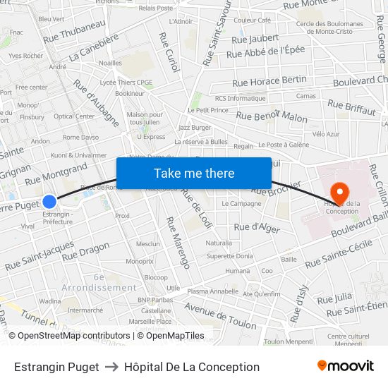 Estrangin Puget to Hôpital De La Conception map