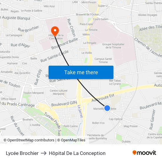 Lycée Brochier to Hôpital De La Conception map