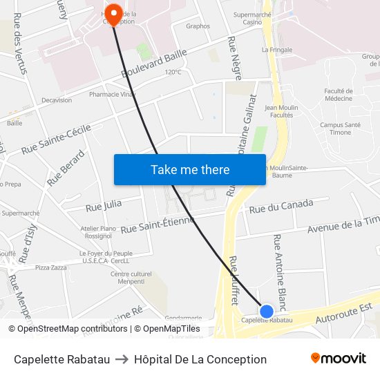 Capelette Rabatau to Hôpital De La Conception map