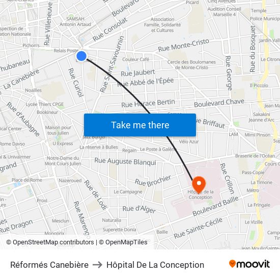 Réformés Canebière to Hôpital De La Conception map