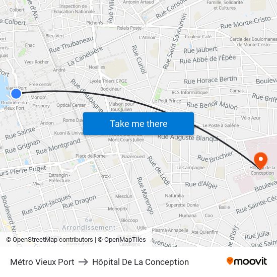 Métro Vieux Port to Hôpital De La Conception map