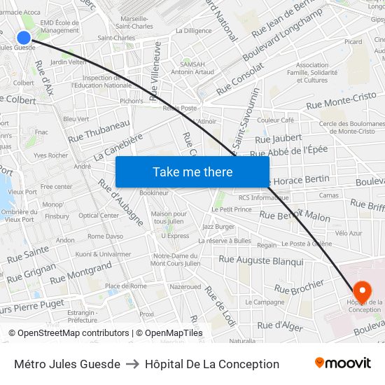 Métro Jules Guesde to Hôpital De La Conception map