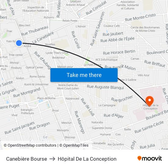 Canebière Bourse to Hôpital De La Conception map