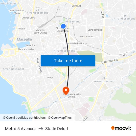 Métro 5 Avenues to Stade Delort map