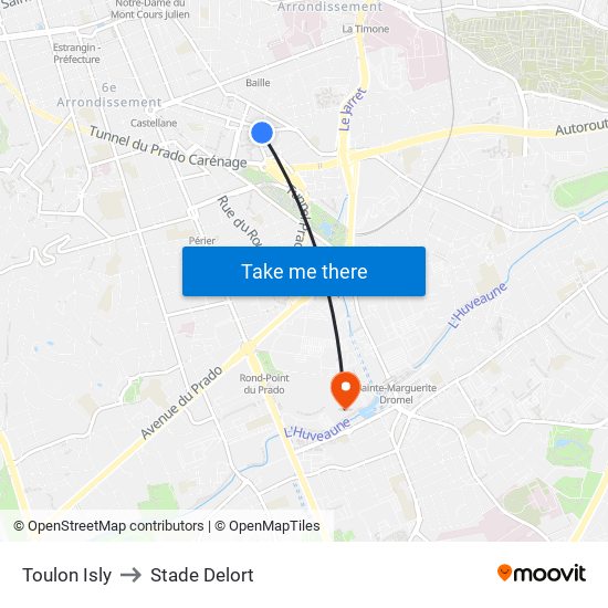 Toulon Isly to Stade Delort map