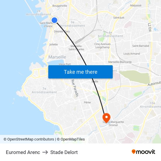 Euromed Arenc to Stade Delort map