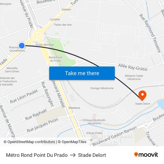 Métro Rond Point Du Prado to Stade Delort map