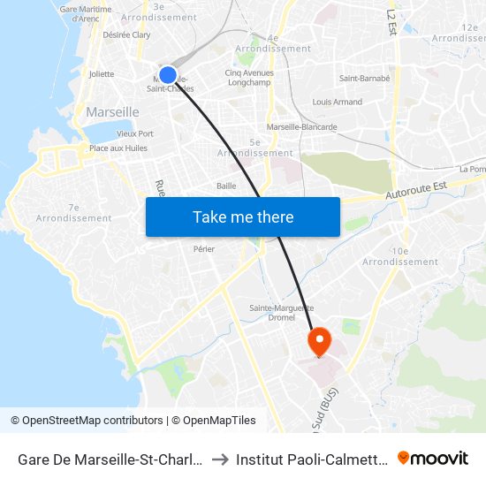 Gare De Marseille-St-Charles to Institut Paoli-Calmettes map