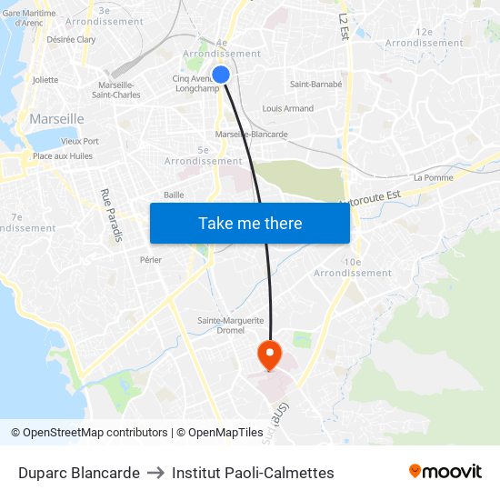 Duparc Blancarde to Institut Paoli-Calmettes map