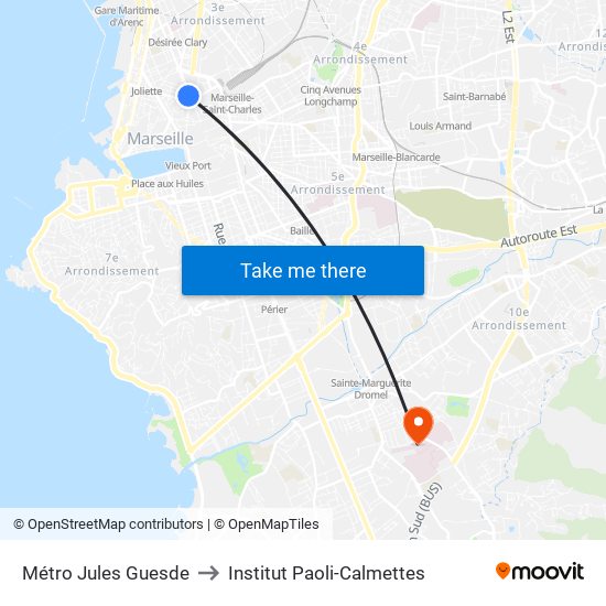 Métro Jules Guesde to Institut Paoli-Calmettes map