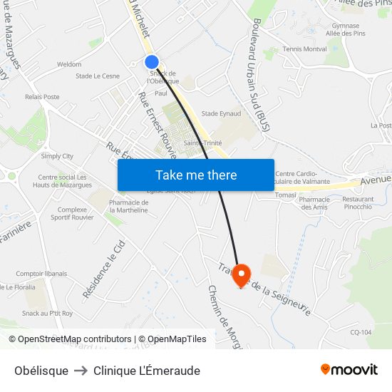 Obélisque to Clinique L'Émeraude map