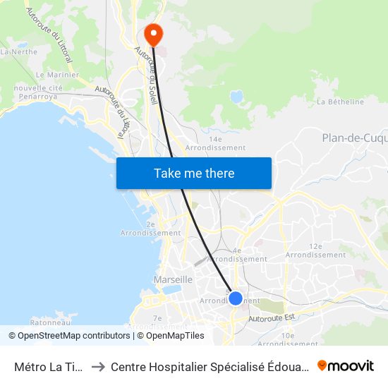 Métro La Timone to Centre Hospitalier Spécialisé Édouard Toulouse map