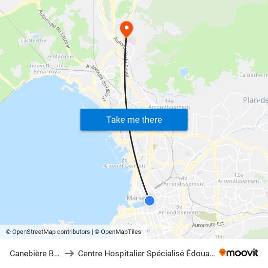 Canebière Bourse to Centre Hospitalier Spécialisé Édouard Toulouse map