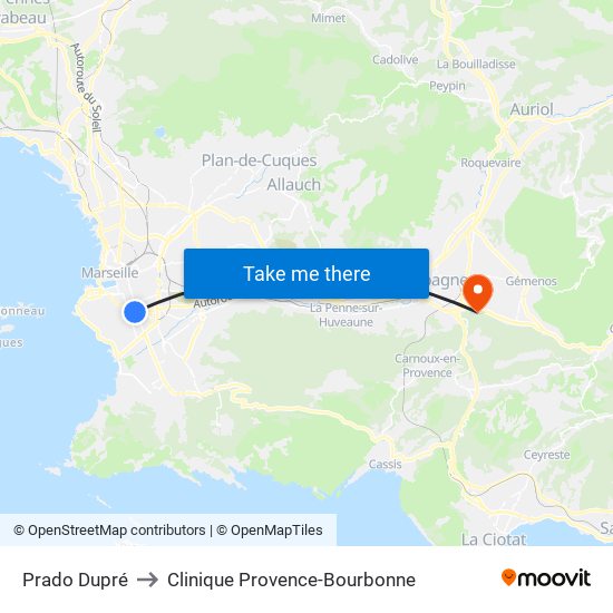Prado Dupré to Clinique Provence-Bourbonne map