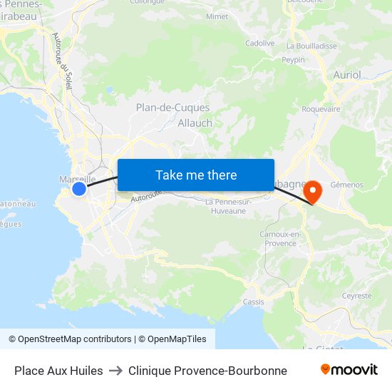 Place Aux Huiles to Clinique Provence-Bourbonne map