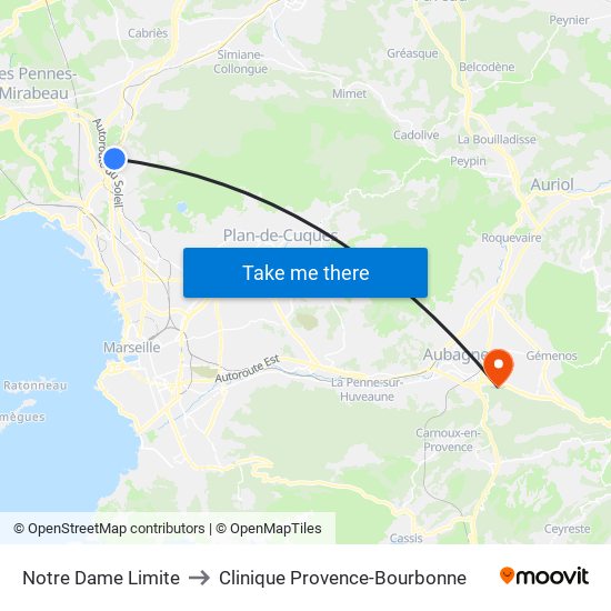 Notre Dame Limite to Clinique Provence-Bourbonne map