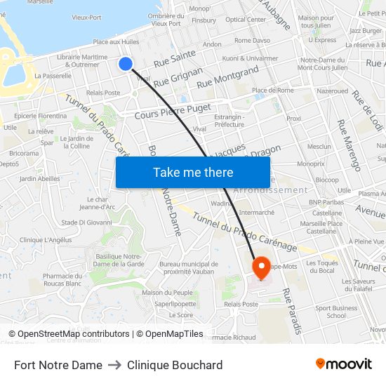 Fort Notre Dame to Clinique Bouchard map