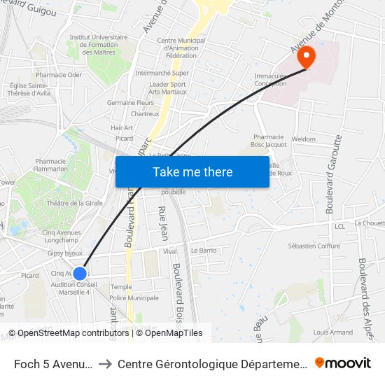 Foch 5 Avenues to Centre Gérontologique Départemental map