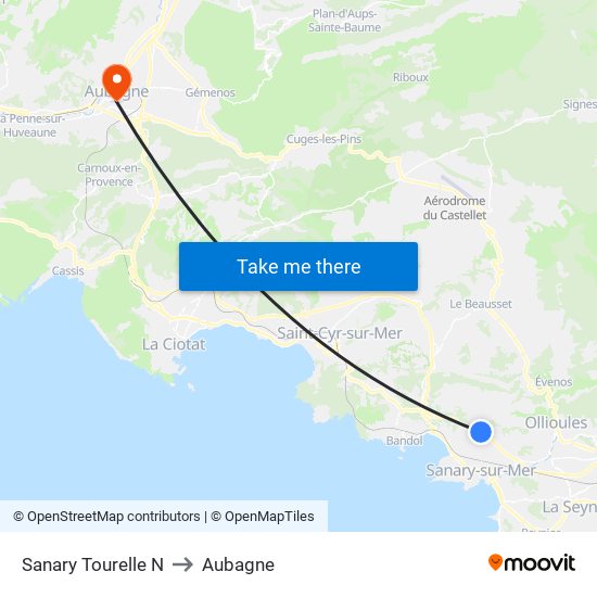 Sanary Tourelle N to Aubagne map