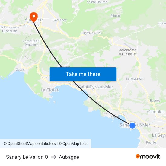 Sanary Le Vallon O to Aubagne map