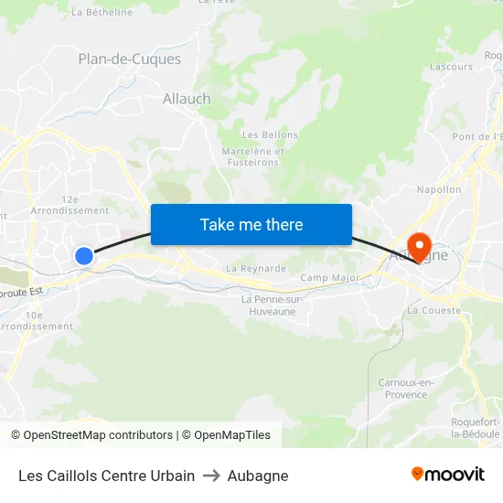 Les Caillols Centre Urbain to Aubagne map