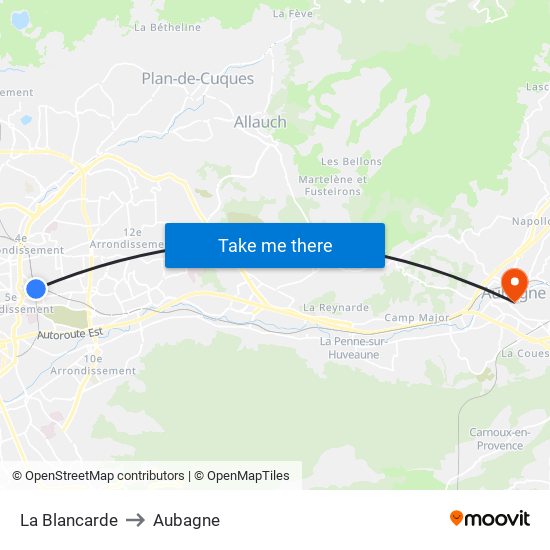 La Blancarde to Aubagne map